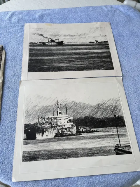 Pair Of Mid Century American Nautical Expressive Ocean  Ship Lithographies