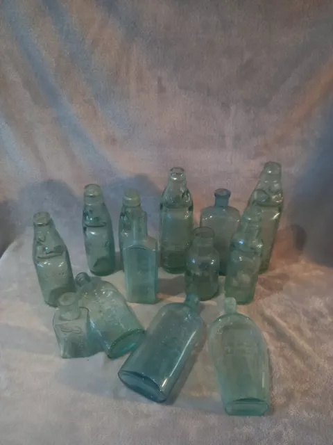 Job Lot Vintage Codd Neck & Other Vintage Green Glass Bottles X13