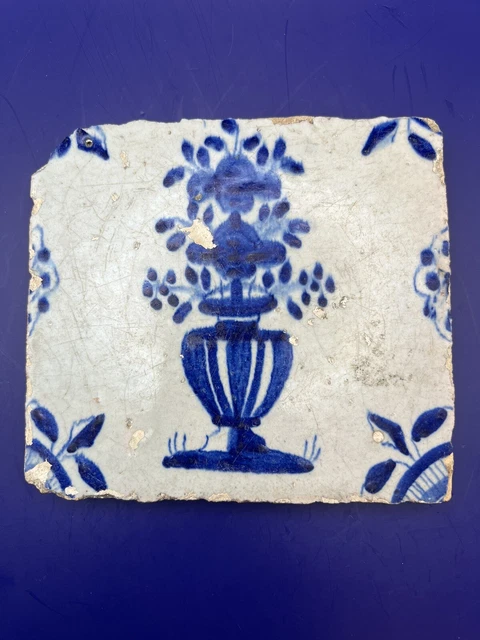 17th Century Antique Dutch Delft Blue/White Tile Flower Pot