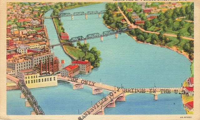 Aerial Airplane View Of Y Bridge Postcard Zanesville Oh Ohio 1934