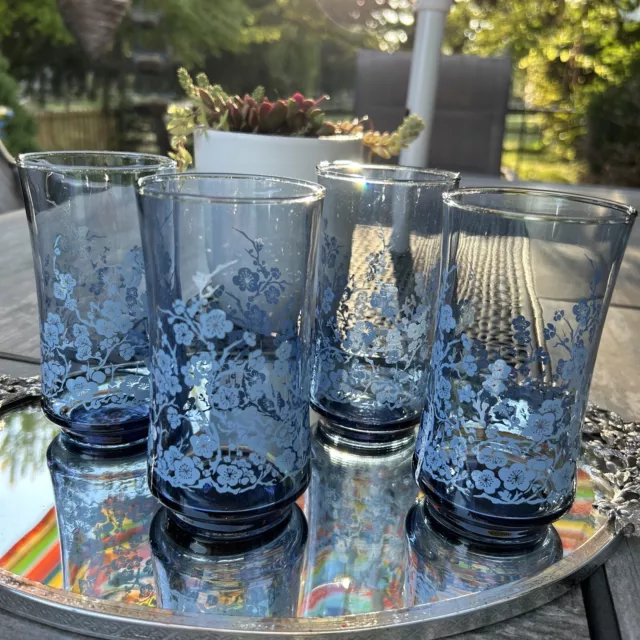 4 set Vintage Libbey Blue Plum Blossom Smokey Blue Glasses Tumblers Flower 16 oz