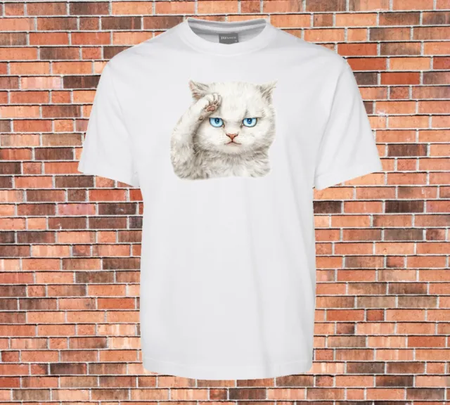 Serious Cat White T-shirt New very Cute & Funny Cool Design Party Cat Lovers