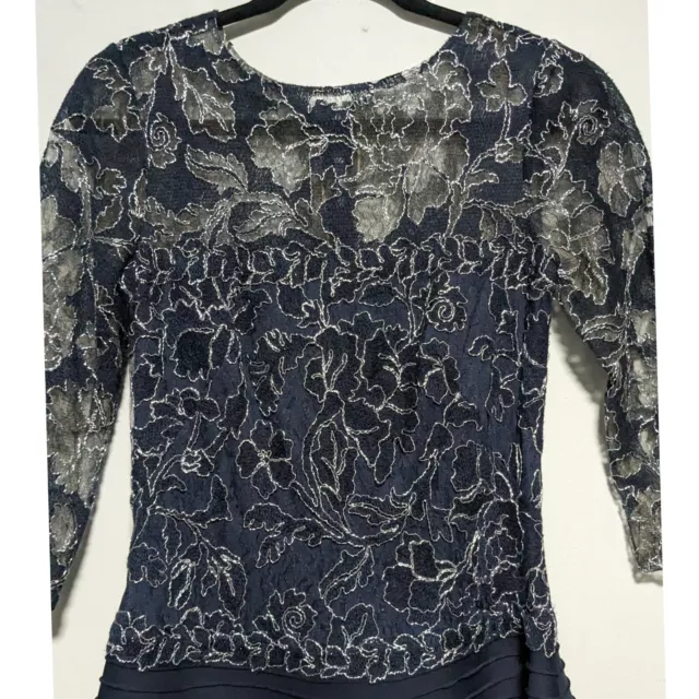 Tadashi Shoji Three-Quarter Sleeve Lace-Bodice Pintuck Dress Navy Blue Size 4 3