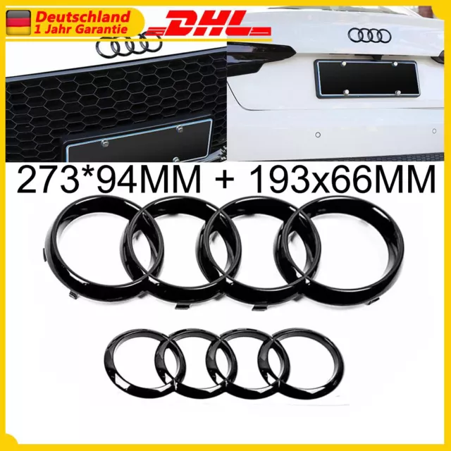 Für Audi A4 A5 Emblem Glanz Schwarz Ringe Kühlergrill V+H 273x94+193x67MM