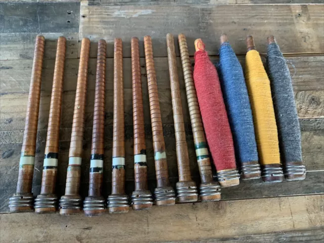 13 Vintage Antique Metal Wood Spindles with Thread Yarn Sewing Spools