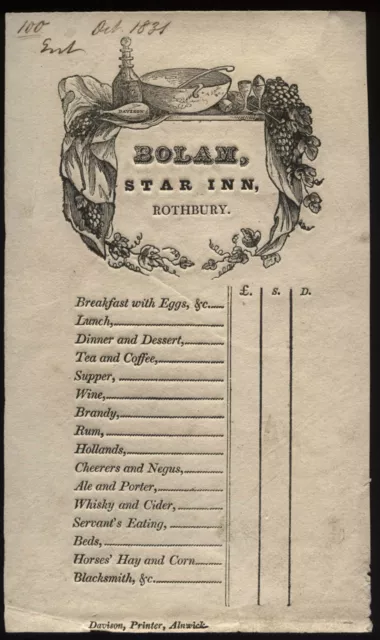 1831 ROTHBURY - Superb Coaching Inn Receipt BOLAM - STAR INN