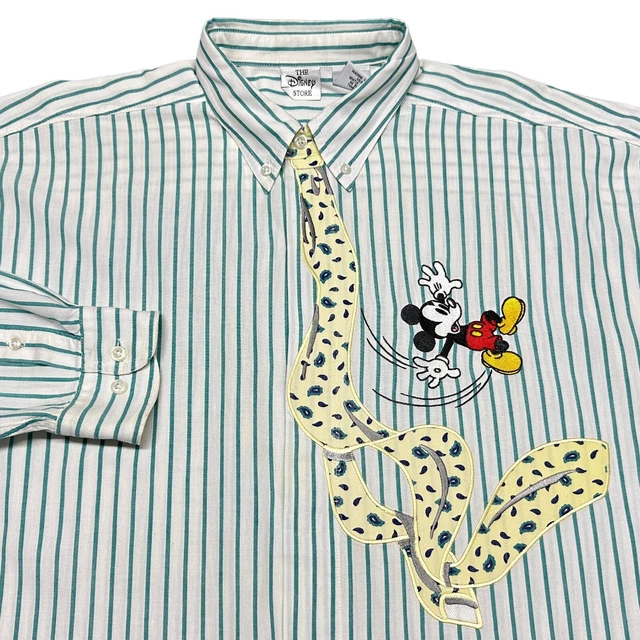 THE DISNEY STORE Button Shirt Mens XL Green Stripe Embroidered Mickey
