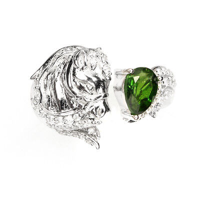 Awesome Pear 7x5mm Chrome Diopside White Cz 925 Silver Horse Adjustable Ring 7.5