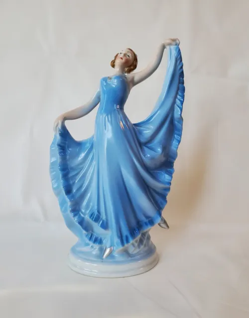 Vintage Art Deco PORCELAIN LADY Dancing Blue Dress FIGURINE Statue PLANTER VASE