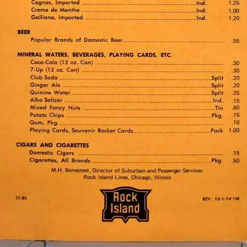1970 CRI&P RW Chicago Rock Island & Pacific Railroad Beverage List Menu Illinois