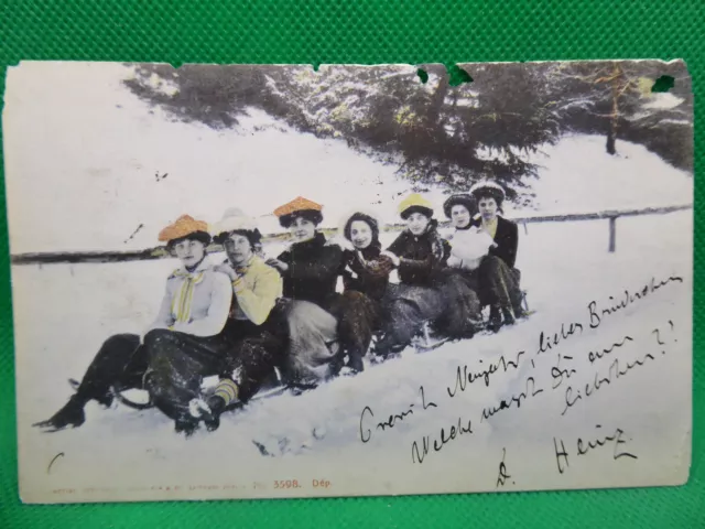 AK 7 junge Frauen auf Schlitten St. Moritz gel. 1904 nach Itzehoe (Nr. 1110)