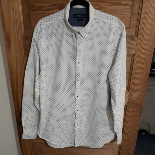 Zara Man Mens White Dark Navy Elbow Patches Slim Fit Shirt XXL Adjustable Cuffs