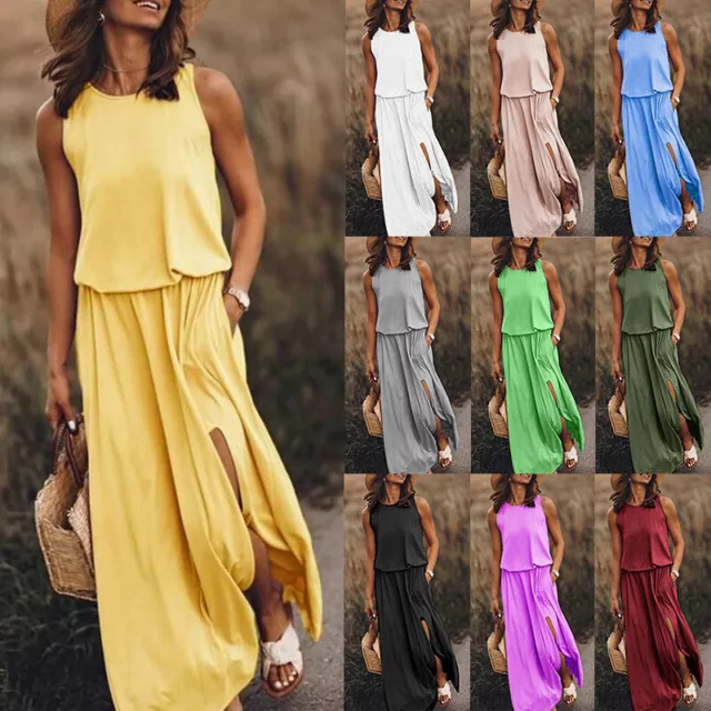 Robe Longue D'été Maxi Pour Femmes Grande Taille Style Boho Sans Manches R
