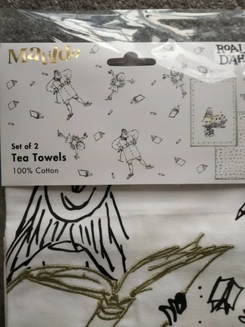 Ensemble de 2 serviettes à thé en coton plat plat de cuisine Roald Dahl Matilda noir blanc cadeau
