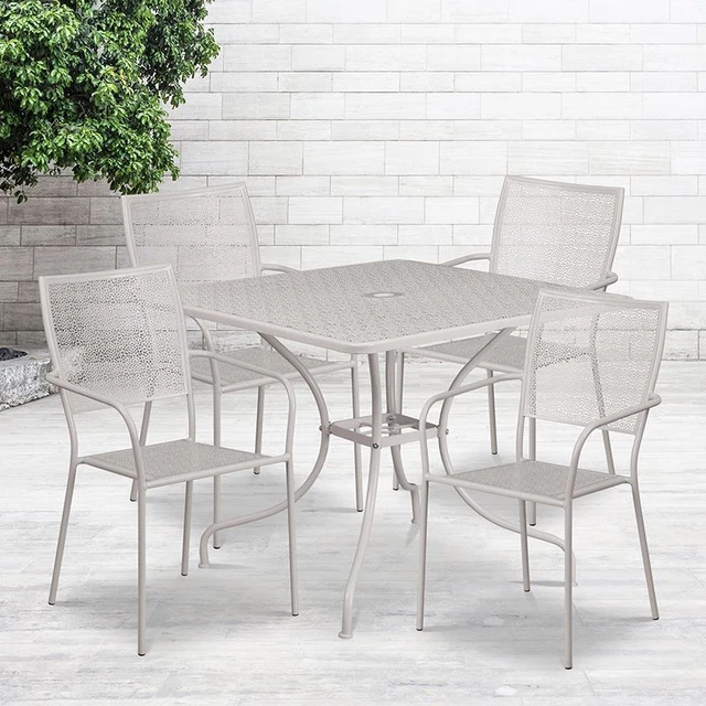 Commercial Grade 35.5" Square Light Gray Indoor/Outdoor Steel Patio Table Set w/