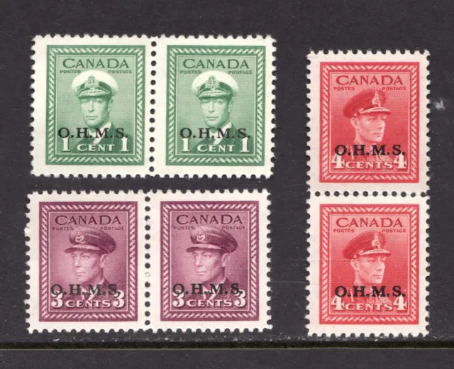 1949 - #O1 #O3 #O4 MNH Pairs O.H.M.S. Canada King George VI War Issue cv$30