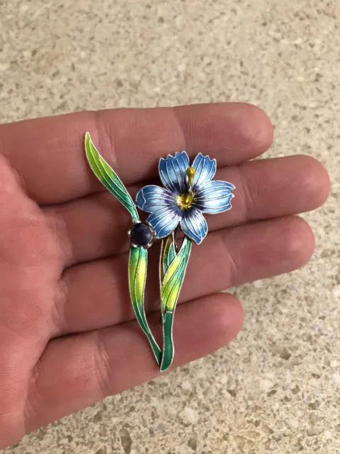 Vintage Sterling Silver 925 Blue Green Enamel Daffodil Iris Flower Pin Brooch