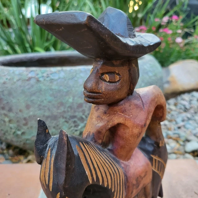 Antique Carved Wood Horse with Rider, 11" Tall Haiti Colorful Primitive Art 1992