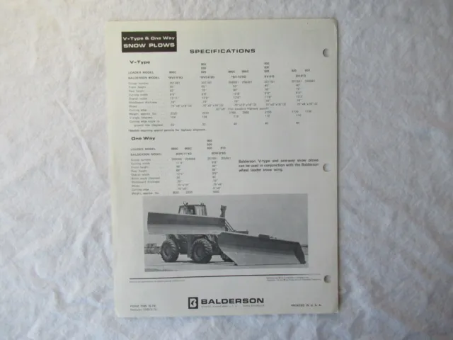 Balderson V-Type Snow Plows Specification Sheet Brochure Original for CAT Grader 2