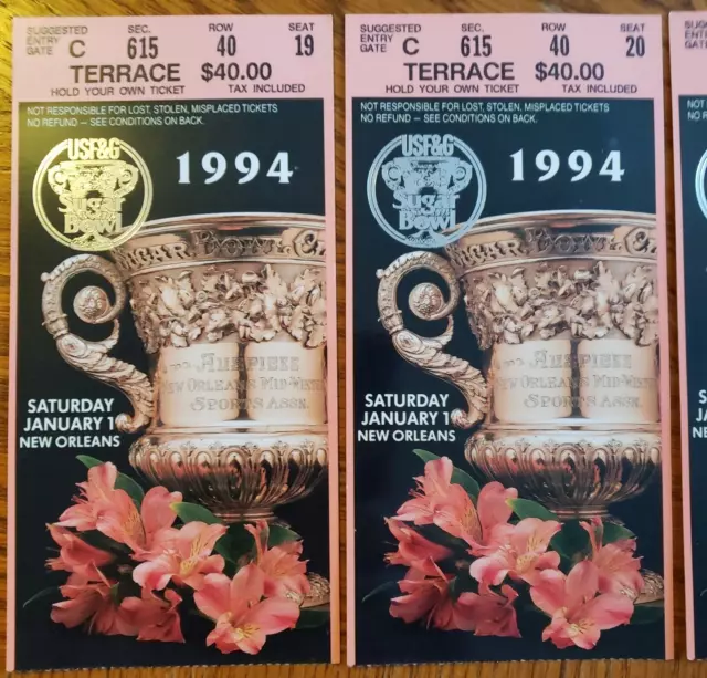 1994 Sugar Bowl Florida Gators vs. West Virginia Mountaineers Three Used Tickets 2
