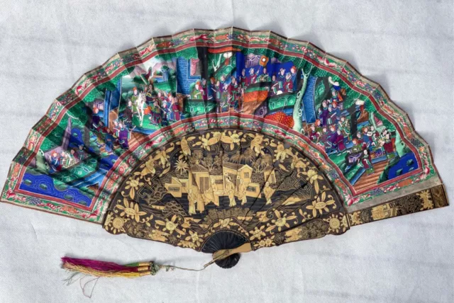 Antique China Chinese Handfan Brise Fan Mandarin Qing Gold 1000 Faces Lacquer