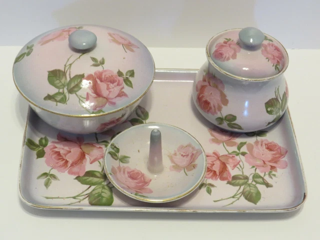 6 Pc Antique 1906 Vanity Dresser Set Royal Winton Grimwades England ~ Pink Roses