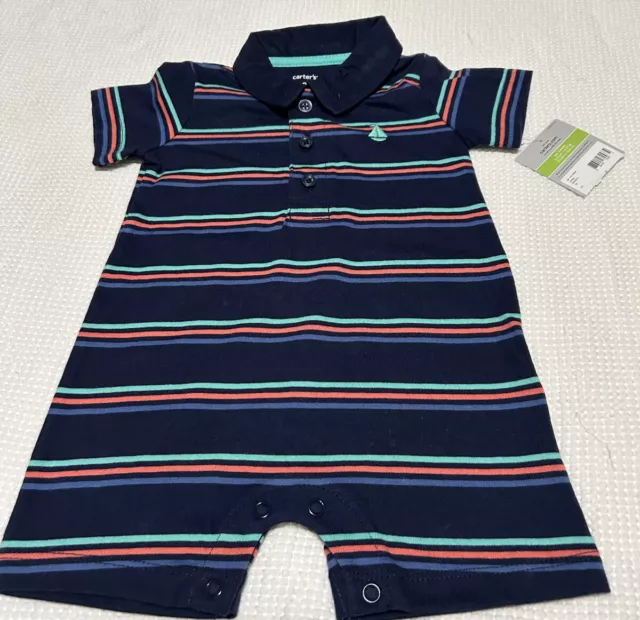 carters baby boy blue stripe one piece knit short outfit Size 6 M NWT