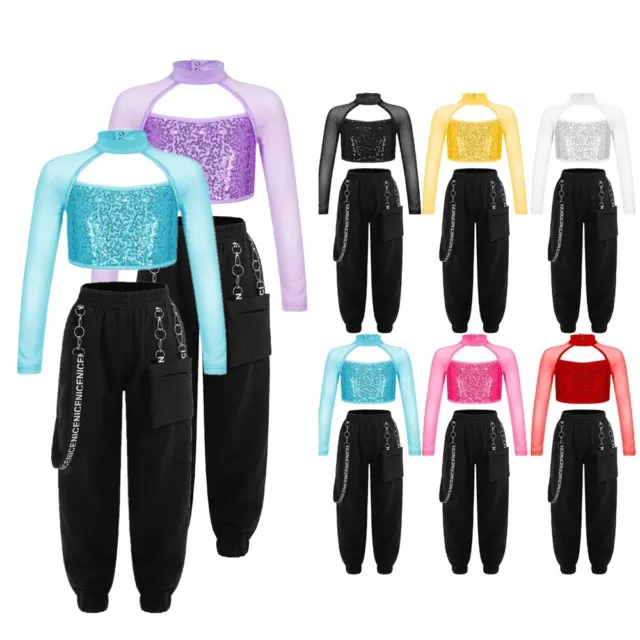 Girls Jazz Hip Hop Street Dancewear Costume Modern Dance Outfit Tops+ Pants Sets