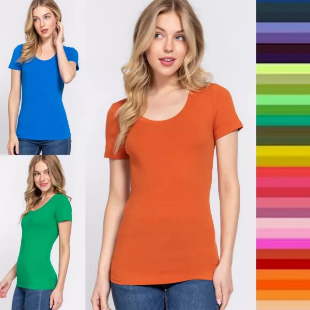 Round Scoop Neck Short Sleeve Basic Top Soft Stretch Cotton Fitted T-Shirt Tee