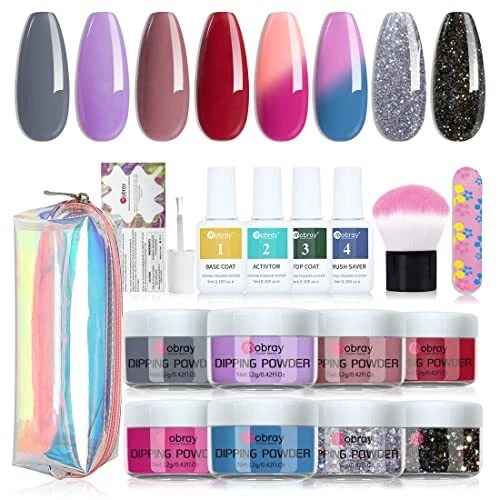 Kit de inicio de uñas en polvo Mobray Dip 6 colores púrpura rojo gris brillo y 2 cadenas...