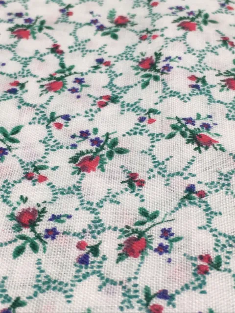 Cotton Fabric Tiny Red Roses & Purple Blossoms Green Accents on White 24" x 45"