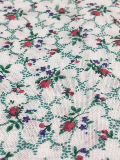 Cotton Fabric Tiny Red Roses & Purple Blossoms Green Accents on White 24" x 45"
