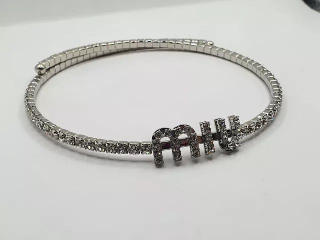 Miu Miu Platinum Tone Crystal Embellished Miu Logo Stretch Choker Necklace