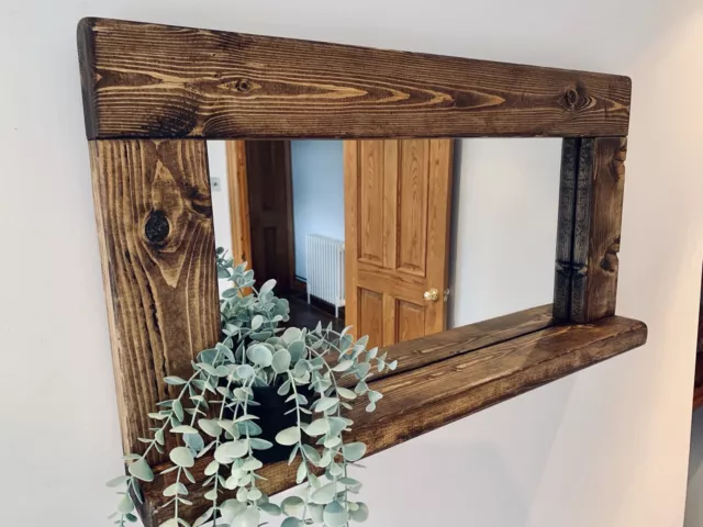 Handmade Wood Mirror with Shelf, Country Style Dark Oak Waxed Finish, 96cm x