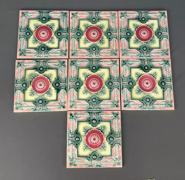 7 Antique Art Nouveau Gilliot & Cie Majolica 6" x 6" Pink & Green Glazed Tiles