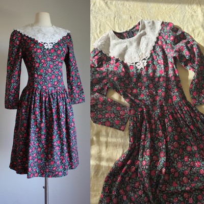 vintage 80s jessica McClintock gunne sax dress cotton floral long sleeve dress