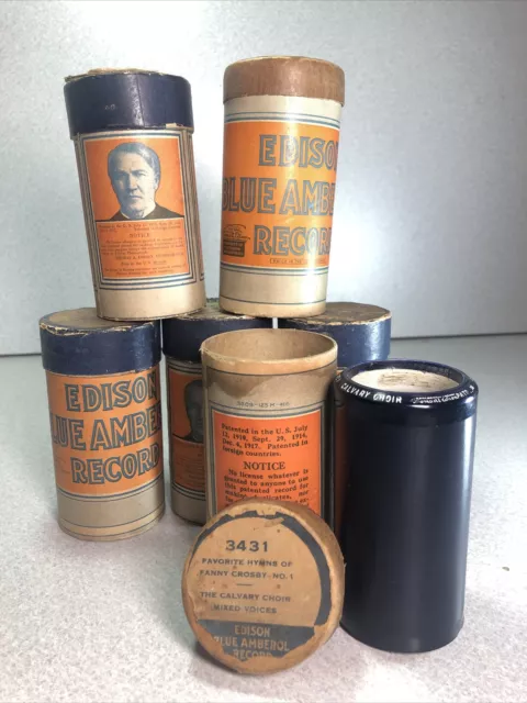 Lot Of 6 Edison wax cylinder phonograph Blue Amberol with lids Orange Labels