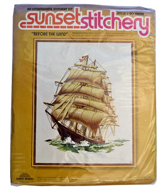 Velero clipper ""Before the Wind"" vintage Sunset Stitchery #2501, nuevo
