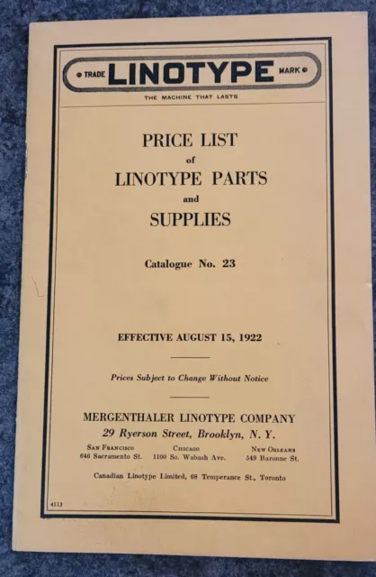 1922 Vintage Linotype Price List Parts and Supplies Catalog No. 23 Model 8 & 14