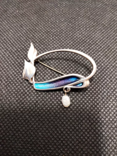 Pat Cheney Scottish Sterling Silver Enamel Brooch With Pearl Dropper