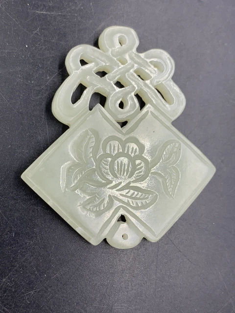 Chinese Antique Jade Carving Pendant Flowers And Scripts 22g