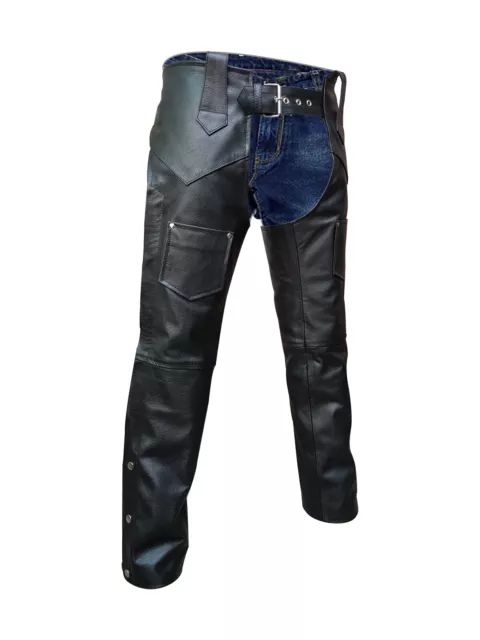 Mens Bikers Chaps Jeans Real Black Leather Motorcycle Trouser Pants
