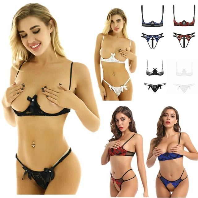 Donna Lingerie in Pizzo Floreale Reggiseno Ricamato Push Up Perizoma Vita Bassa
