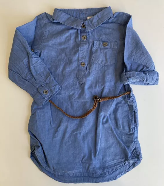 H&M baby girl size 12-18 months blue denim chambre shirt dress belt, VGUC