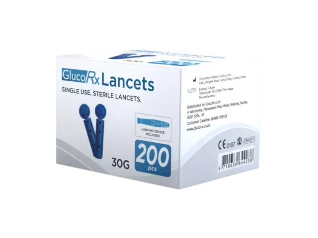 Lanzas estériles GlucoRx (30 g), paquete de 200