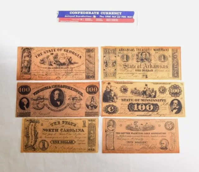 Confederate Currency Antiqued Reproductions Set Of 6 A  Virginia Georgia Etc.