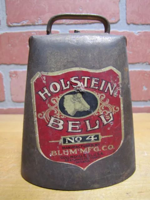 HOLSTEIN BELL No4 BLUM Mfg Co USA Antique Farm Cow Cattle Tin Old Gold Paint