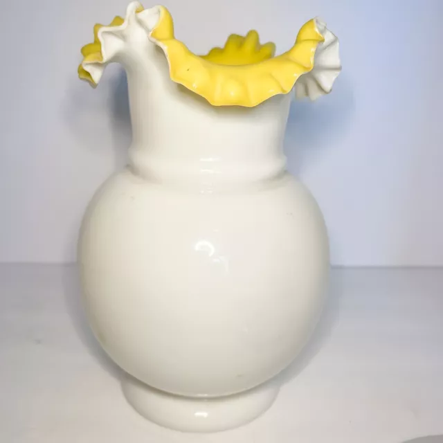 Fenton Art Glass Melon White interior Yellow Ruffled Vase 9 Inches