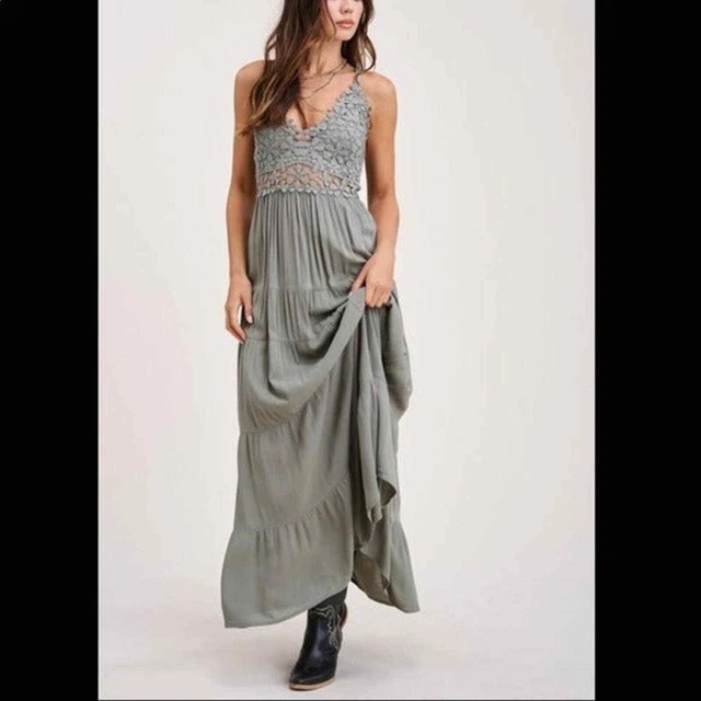 NWTGS  LA MIEL Flower Crochet Lace Trim Maxi Dress  SZ S