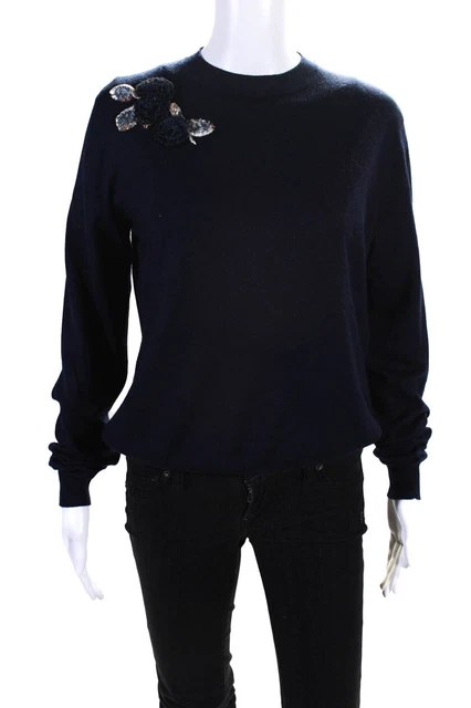 Christian Dior Womens Ruffled Embellished Flower Sweatshirt Navy Blue Size 10